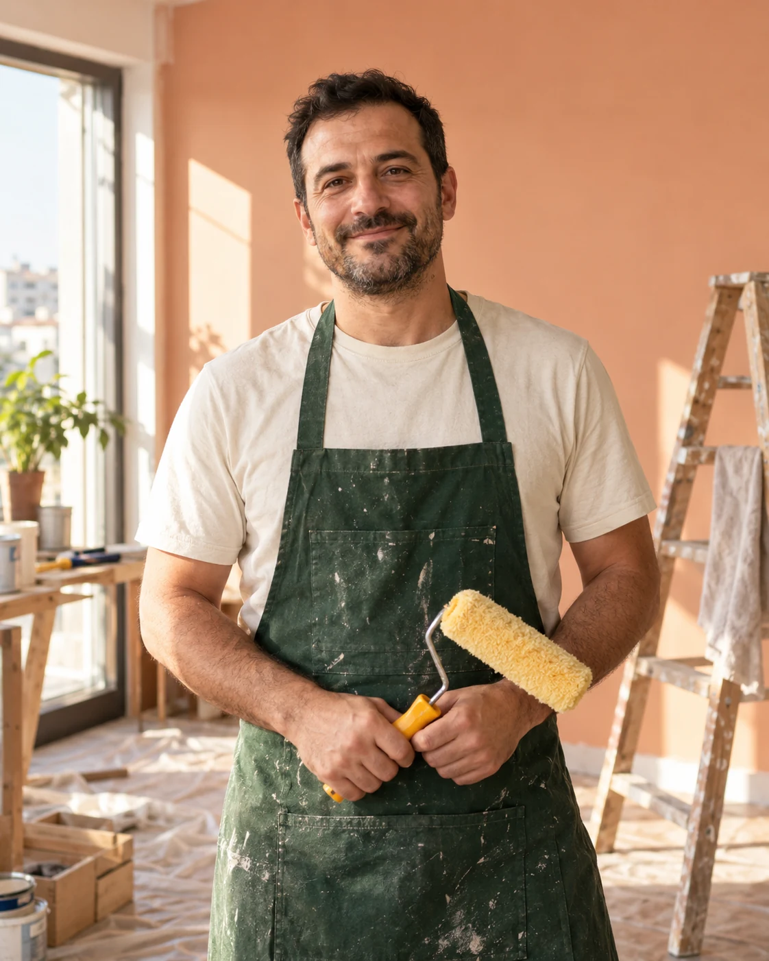 Atölyesinde boya rulosu tutan bir usta